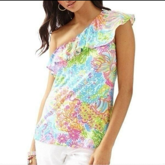 Lilly Pulitzer Women’s One Shoulder Ruffle Top Short Sleeve Multicolor Medium - Picture 1 of 10